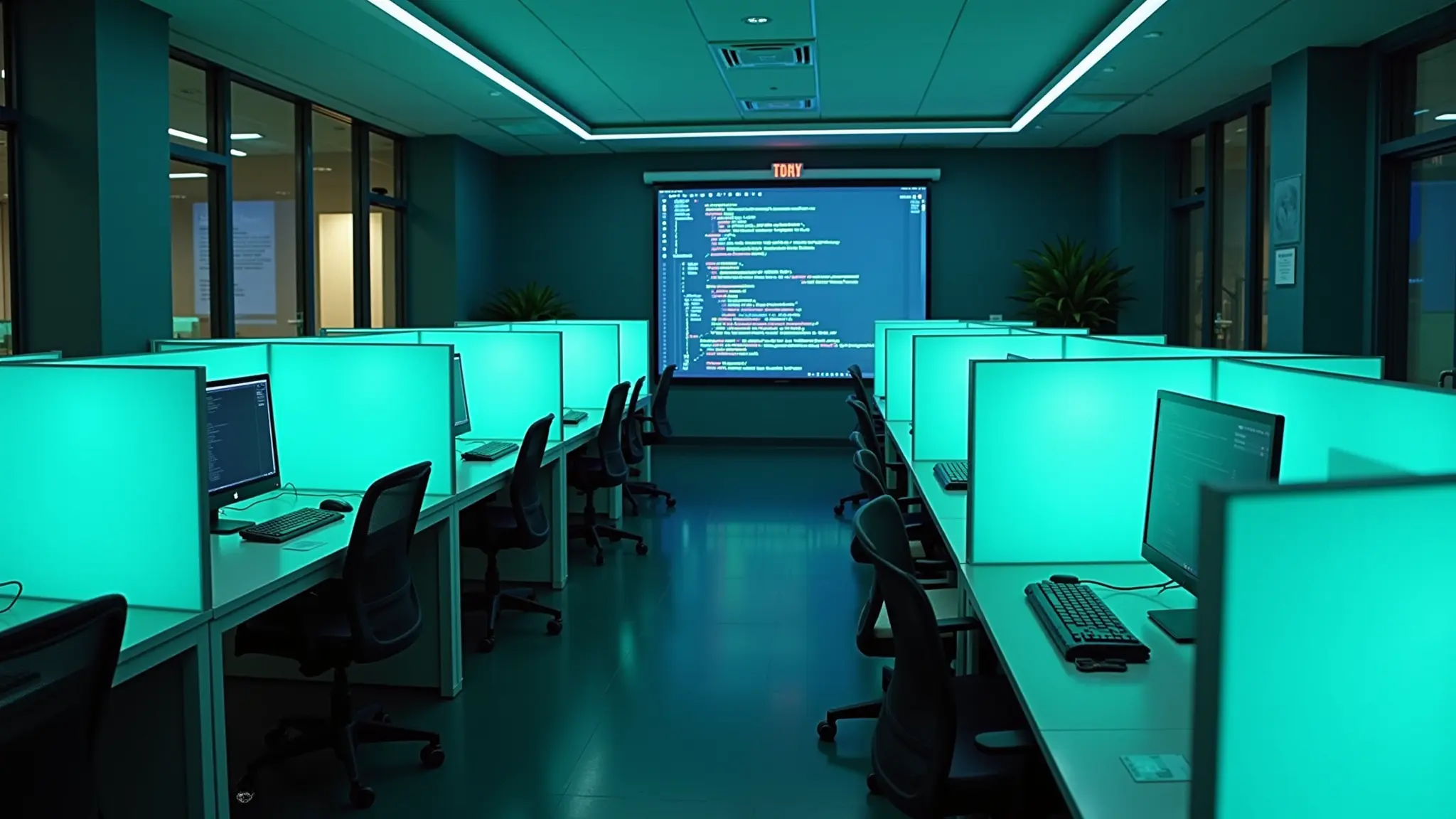 Computer lab with coding screen